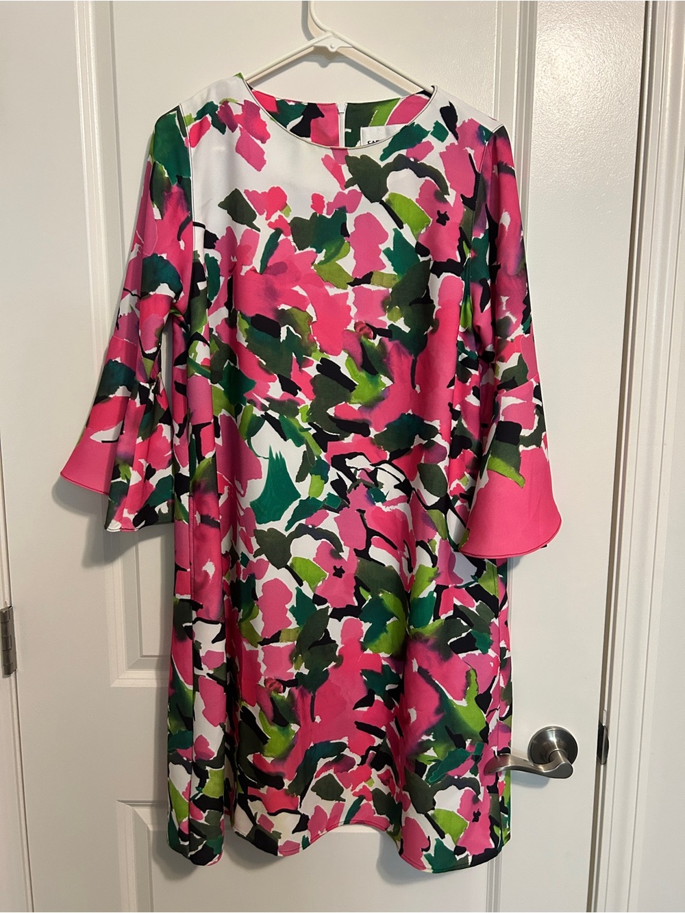Bright Pink and Green Abstract Midi Dress with Bell Sleeves